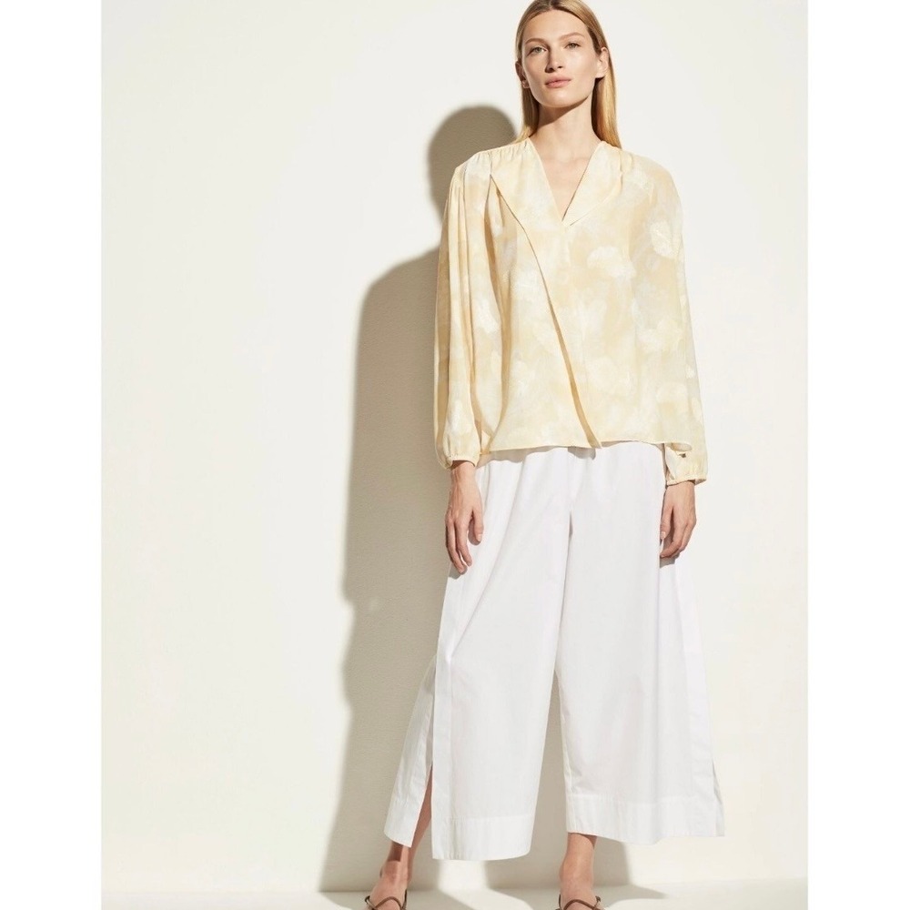 Vince $345 Wheat Shirred Popover Jacquard Blouse Yellow Women's XS Breezy Luxury